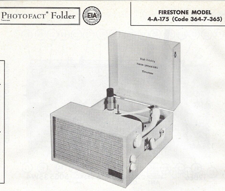 1958 FIRESTONE 4-A-175 RECORD PLAYER Changer Photofact MANUAL Portable Receiver 1958 FIRESTONE 4-A-175 RECORD PLAYER Changer Photofact MANUAL Portable Receiver