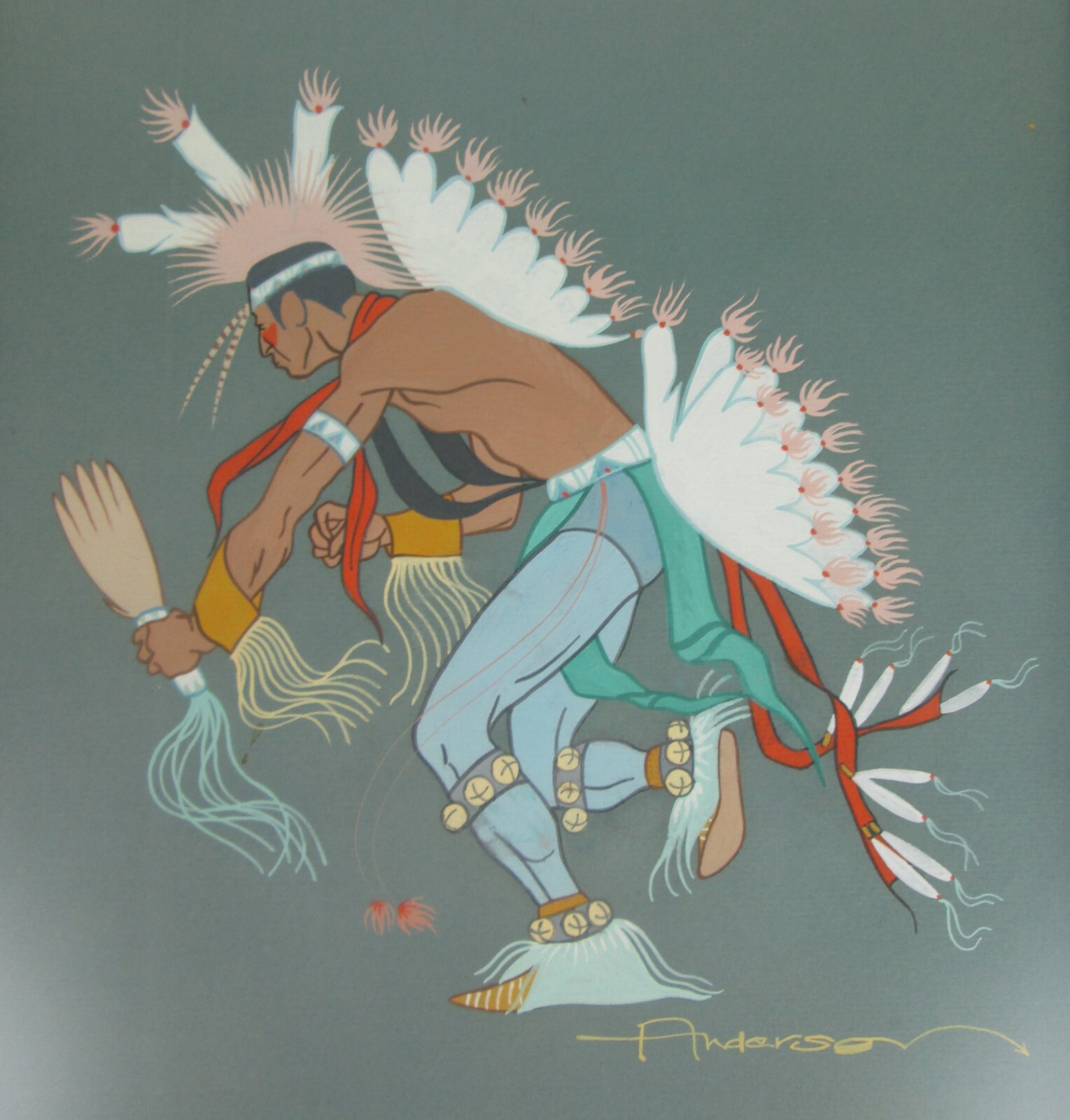 Vintage Native American Dancer Painting Signed Anderson Framed 18-1/4 x 22-1/4in
