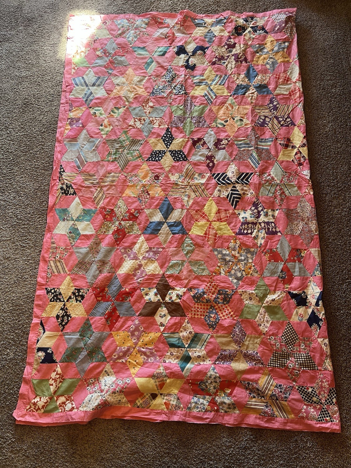 Vintage Patchwork Quilt Topper - Diamonds - Blocks - Hand Stitched Vibrant Pink Vintage Patchwork Quilt Topper - Diamonds - Blocks - Hand Stitched Vibrant Pink