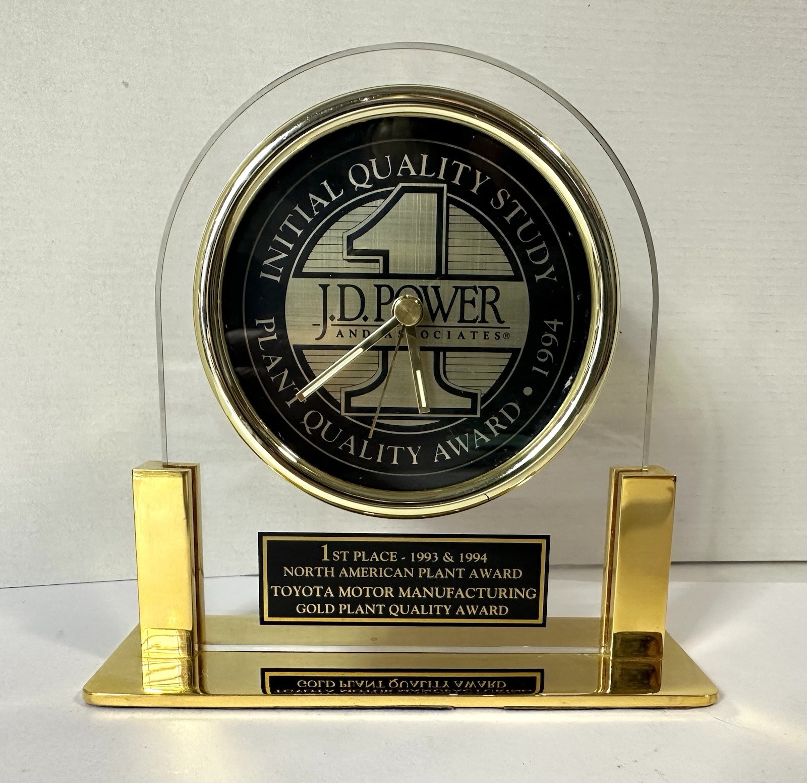 Vintage 1993-94 J.D. Power 1st Place Award Clock Toyota Motor Manufacturing Gold Vintage 1993-94 J.D. Power 1st Place Award Clock Toyota Motor Manufacturing Gold