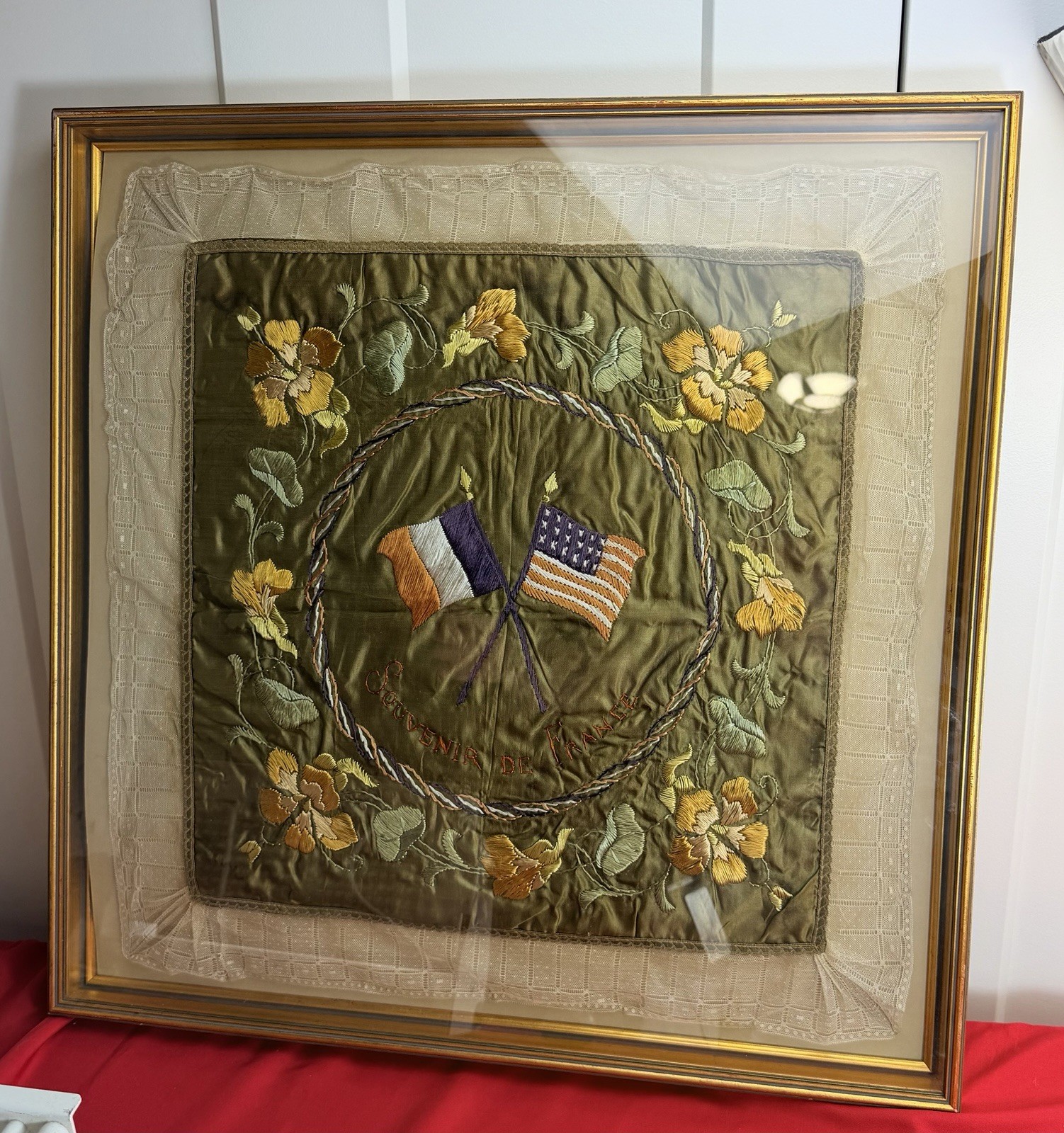 Antique WWI Souvenir de France Silk Embroidery Framed Crossed Flags 24” x 24”