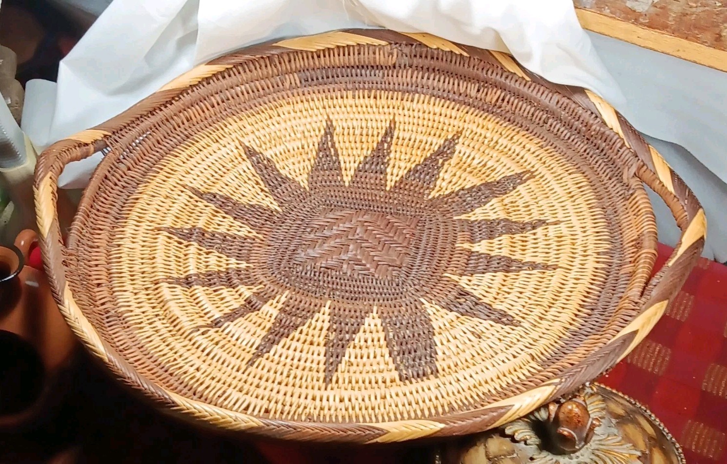 Round Wicker Storage Basket with Handles, Sunburst Woven Design Brown/Beige Round Wicker Storage Basket with Handles, Sunburst Woven Design Brown/Beige