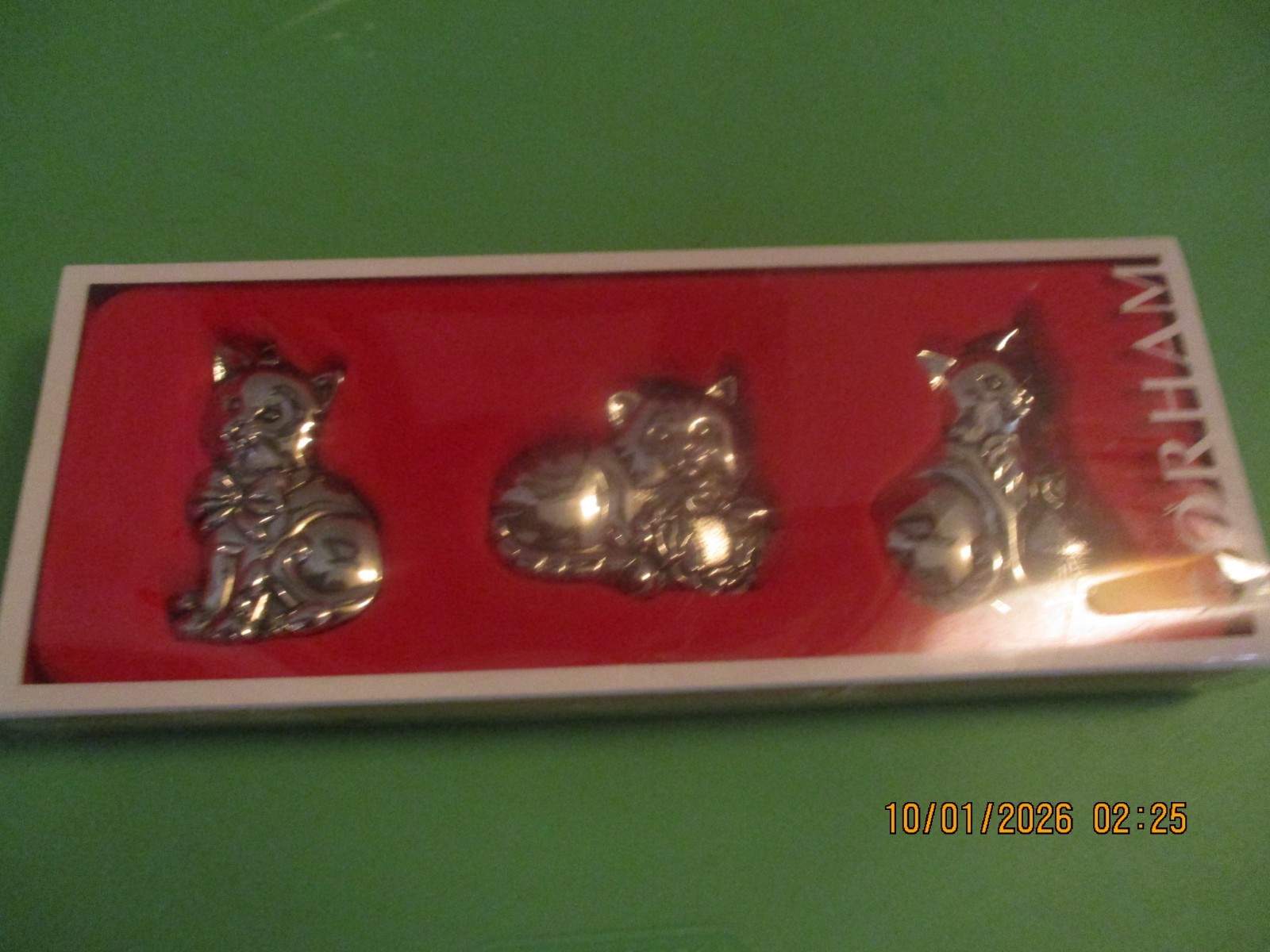 Gorham Silver Plate Cat Christmas Ornaments W/ Ribbons Set of 3 In Original Box Gorham Silver Plate Cat Christmas Ornaments W/ Ribbons Set of 3 In Original Box