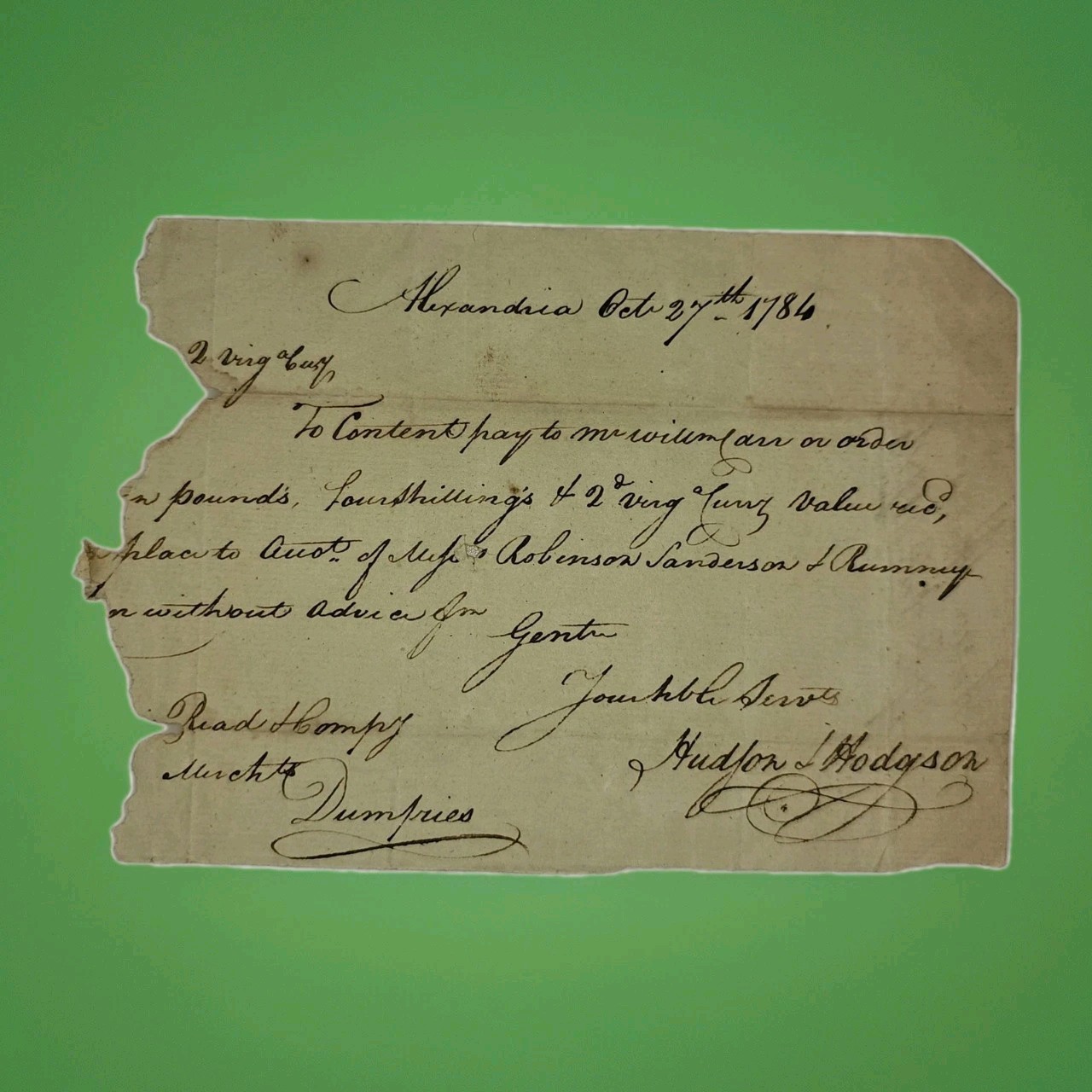1784 Alexandria VA Merchant Order Signed by Hudson & Hodgson to Dumfries