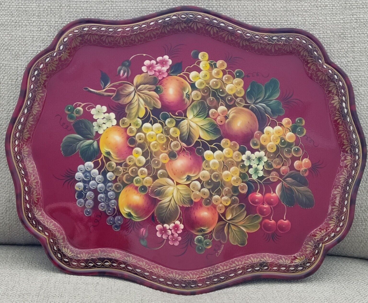 Beautiful Russian Zhostovo Red Oval Tray Hand Painted Apples Grapes & Flowers