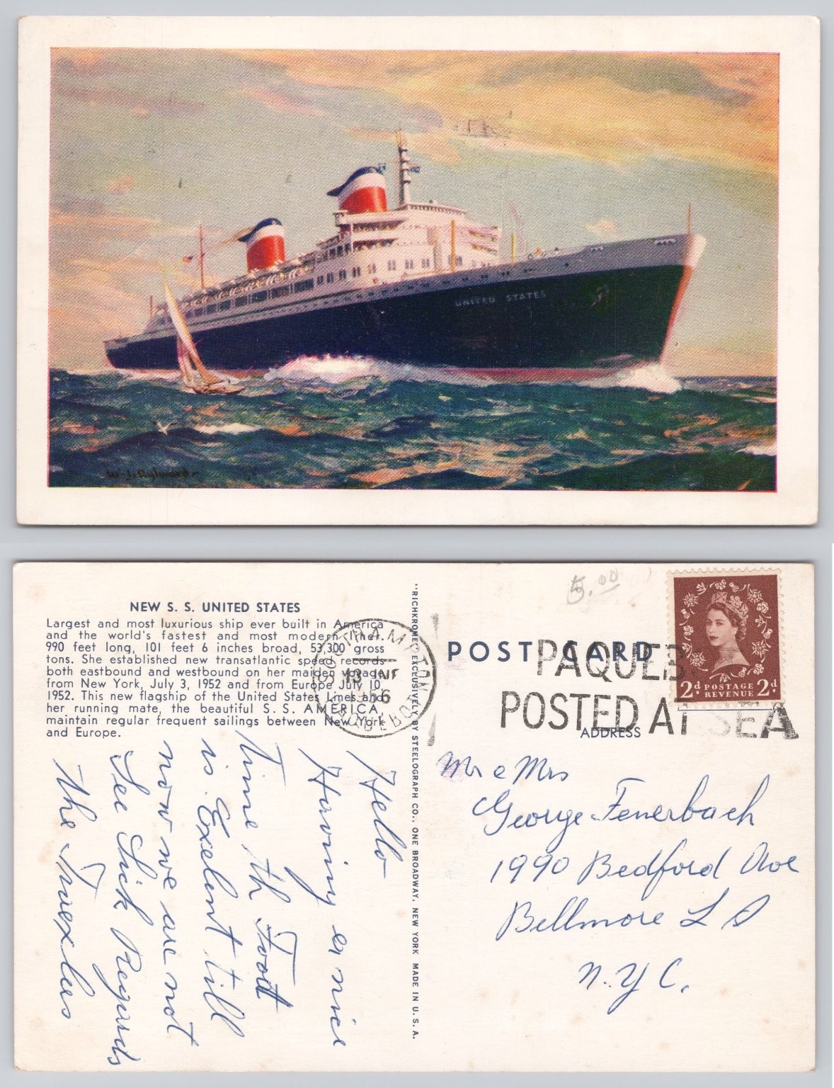 S.S. United States Ocean Liner Postcard c.1950s Posted at Sea New York