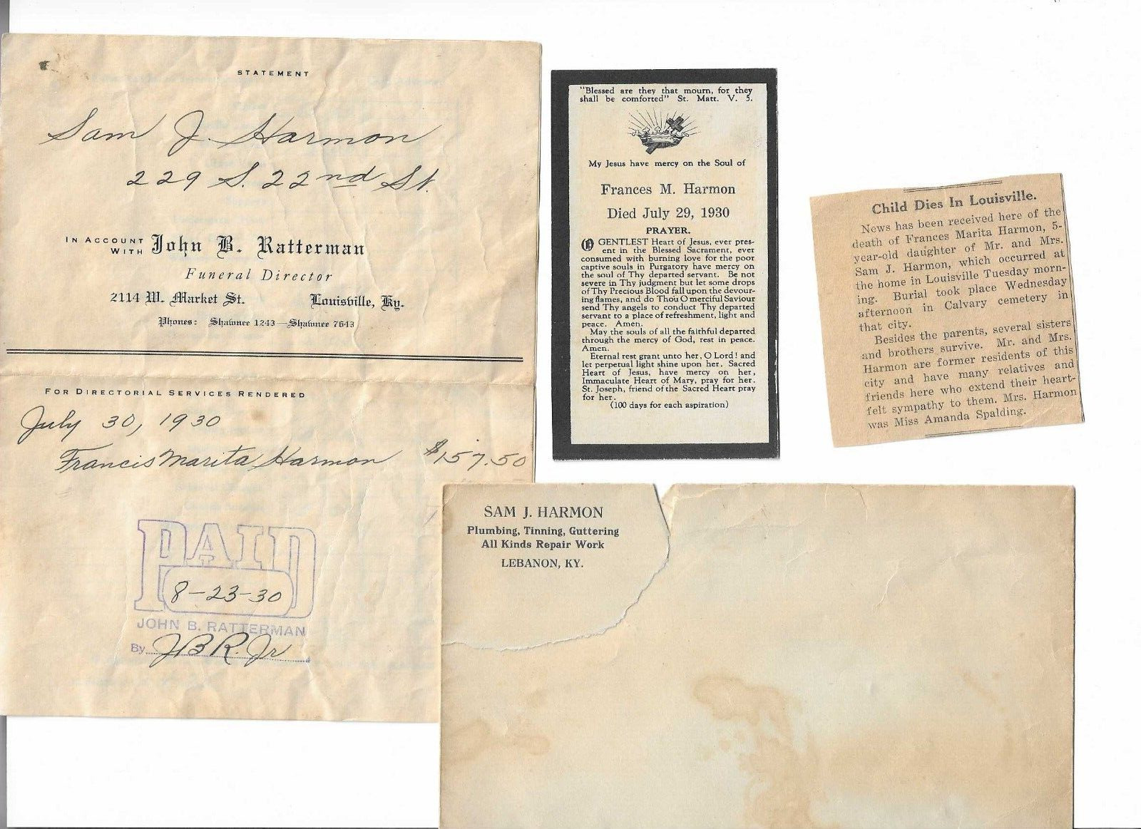 1930 Louisville KY/Lebanon KY Child Death Papers, Harmon Family
