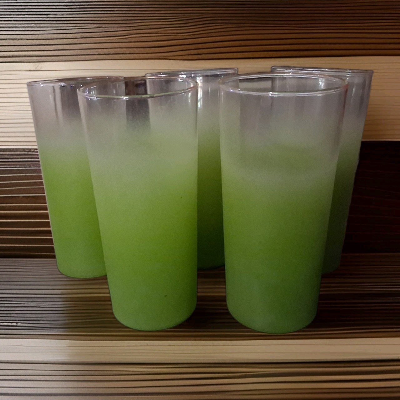 Vtg MCM Mid Century Ombre Green Frosted Highball 7” Glasses Set of 5 Vtg MCM Mid Century Ombre Green Frosted Highball 7” Glasses Set of 5