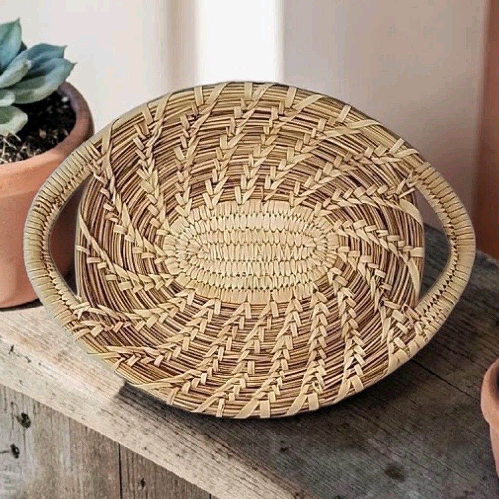 Vtg Native American Papago Tohono O\'odham Double Handle Woven Basket 12.75\ Vtg Native American Papago Tohono O\'odham Double Handle Woven Basket 12.75\