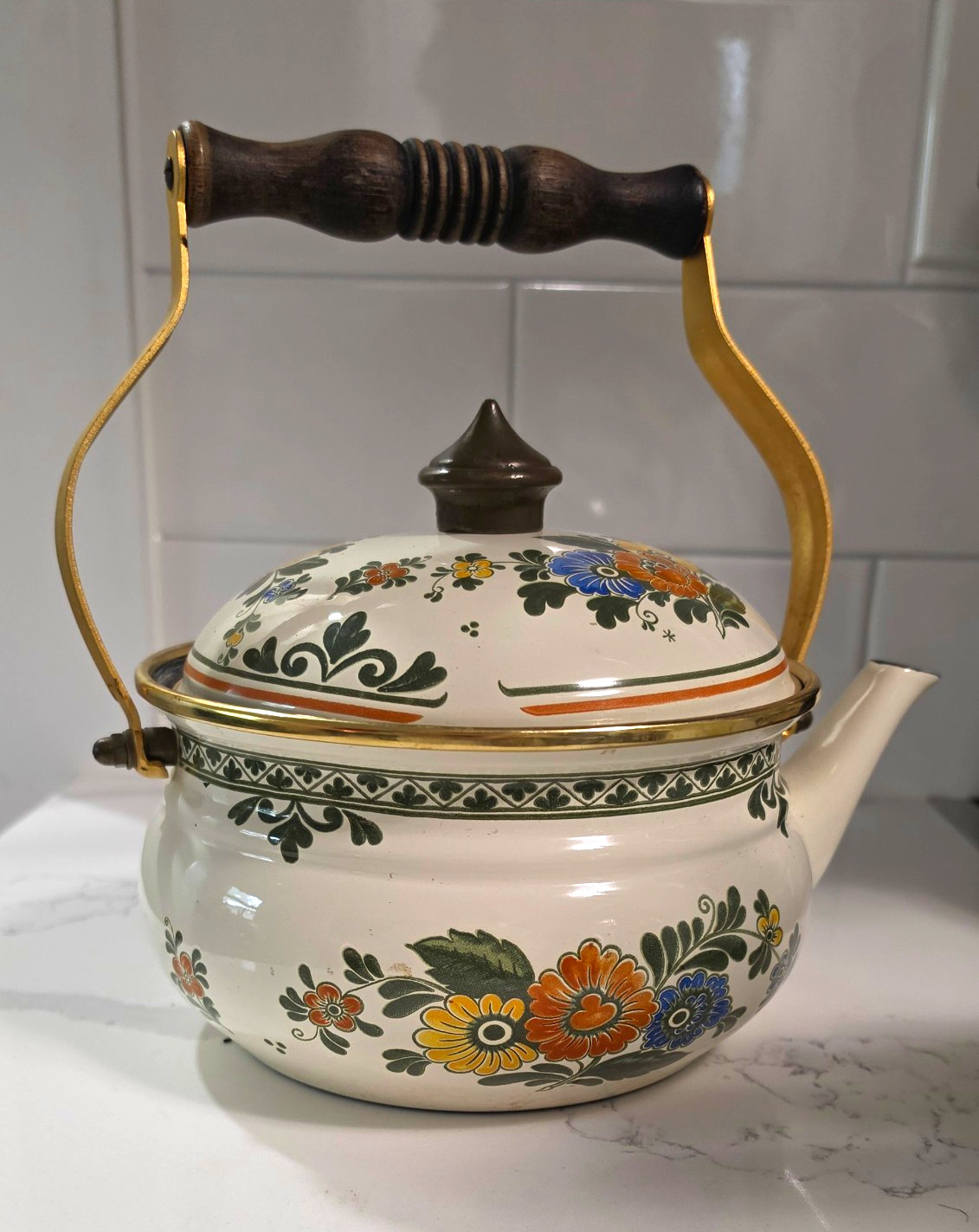 ASTA Alt Amsterdam Enamel Tea Kettle Teapot Wood Handle From W. Germany ASTA Alt Amsterdam Enamel Tea Kettle Teapot Wood Handle From W. Germany