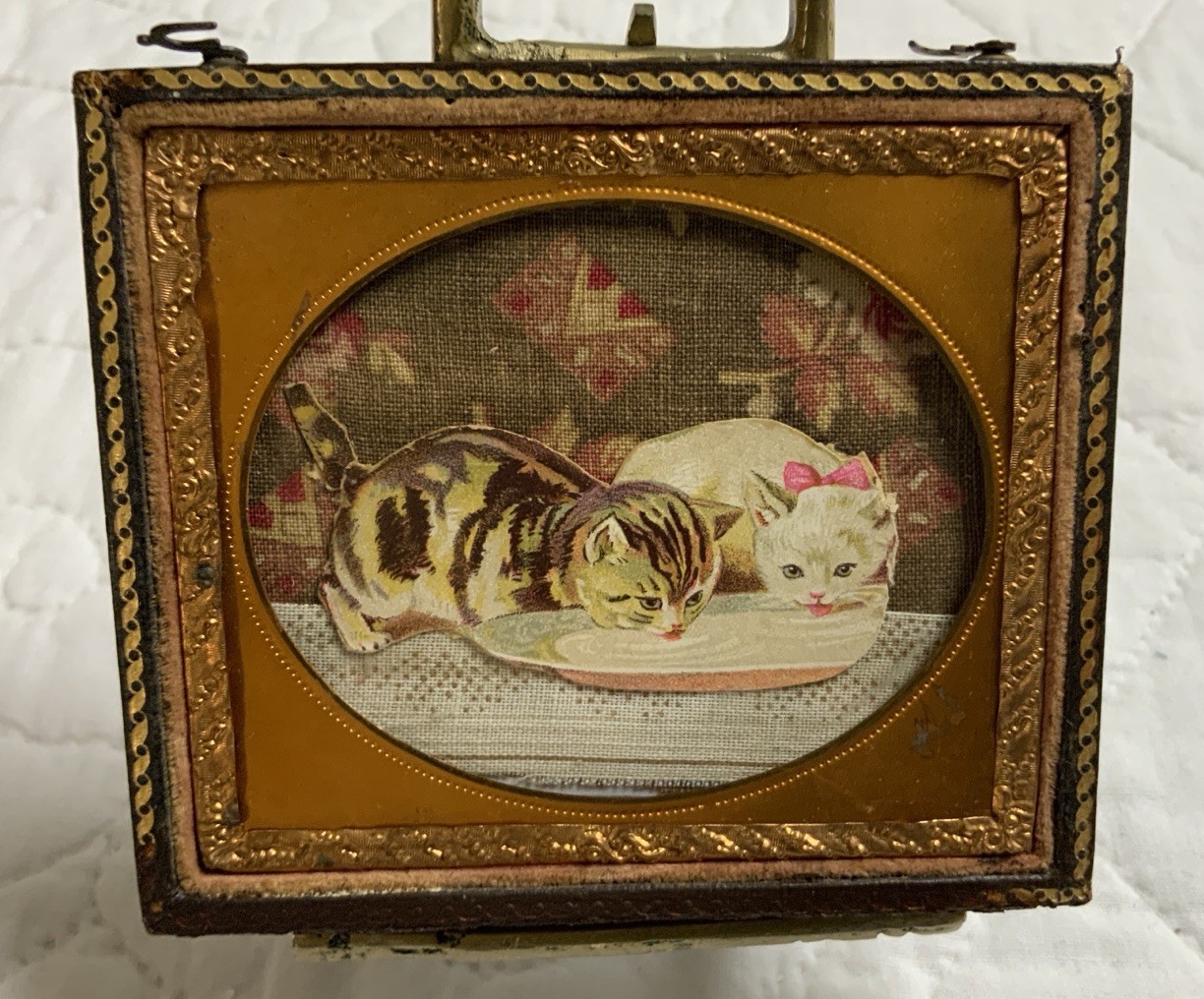 Antique Victorian Die Cut Ephemera Framed, Half Union Case, Two Kitty Cats