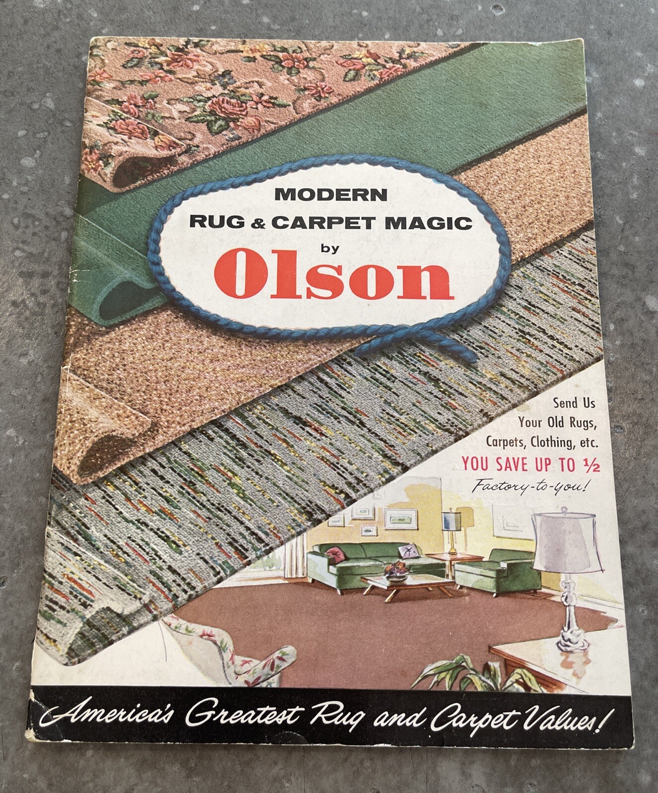 Vintage 1957 Olson Rug Chicago Home Decor Catalog Measuring Tape & Tag to Ship