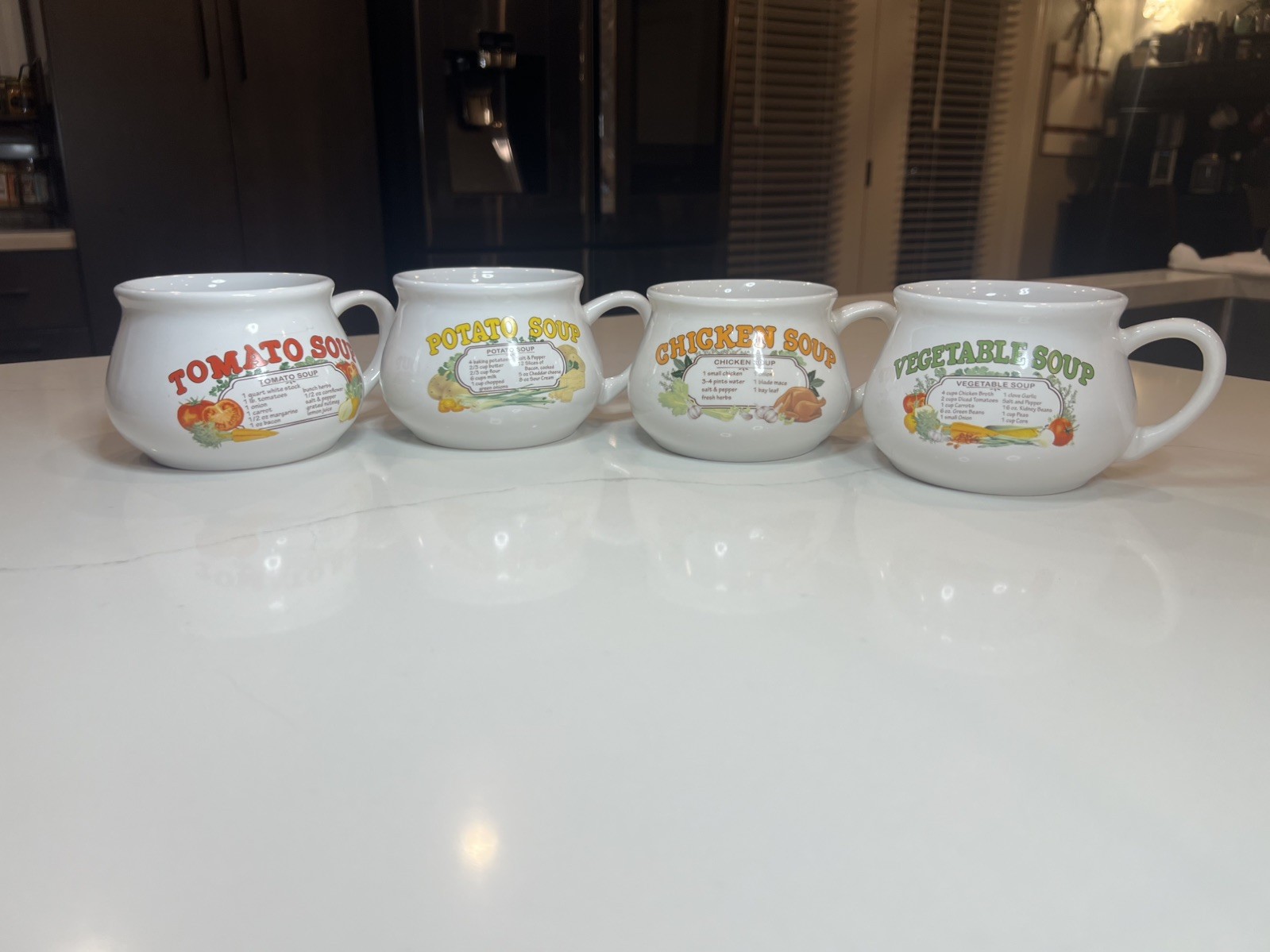 DDJ Recipe Soup Mugs VTG (Ceramic Set of 4) - Tomato, Vegetable, Chicken, Potato