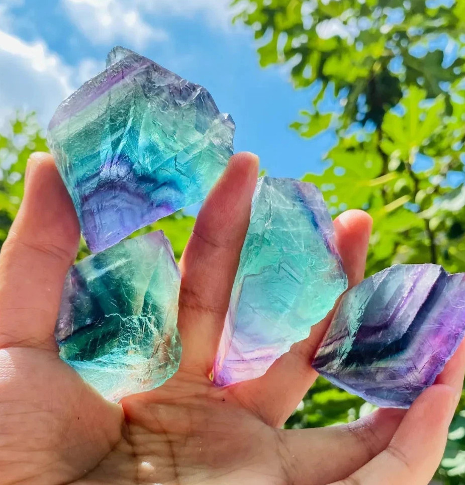 4Pcs Natural Rainbow Fluorite Crystal Precious Rough Stones Healing Reiki Gift