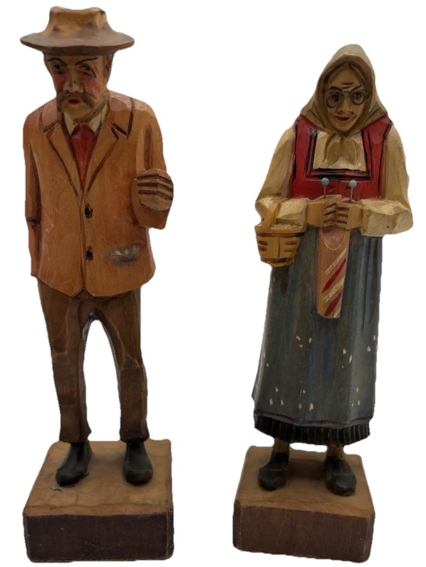 2 Hans Huggler Wyss Hand Carved Figures Man & Woman Brienze Switzerland 5\ 2 Hans Huggler Wyss Hand Carved Figures Man & Woman Brienze Switzerland 5\