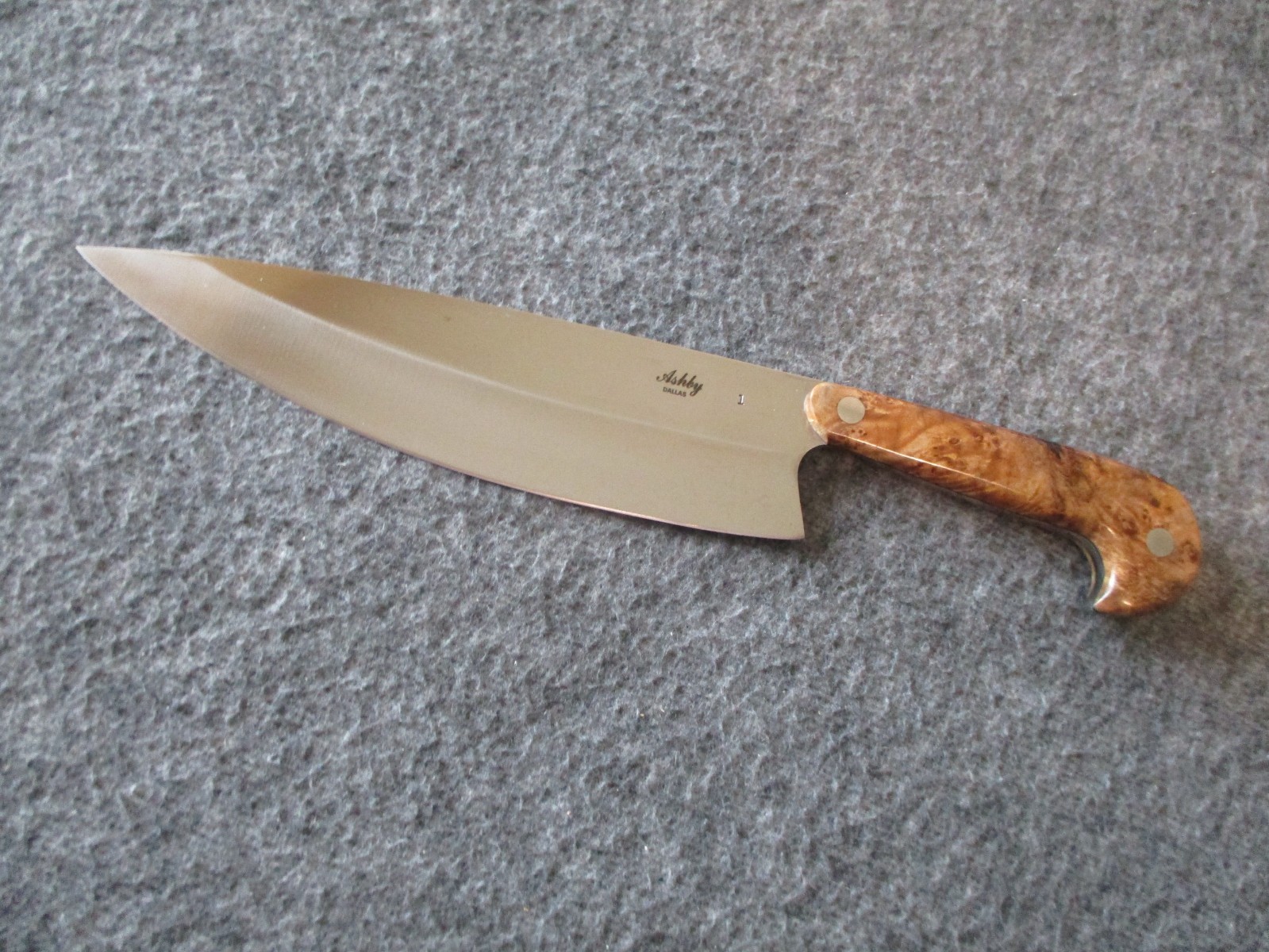 DOUG ASHBY CUSTOM CHEFS KNIFE BURL WOOD HANDLE - DALLAS TX - STAMPED # 1 DOUG ASHBY CUSTOM CHEFS KNIFE BURL WOOD HANDLE - DALLAS TX - STAMPED # 1