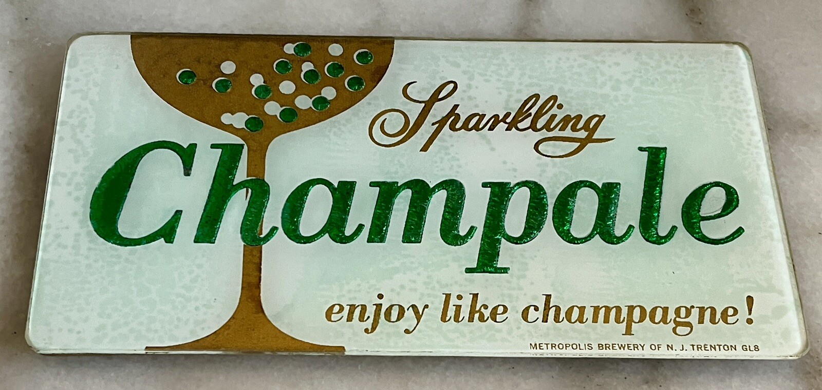 Vintage Sparkling Champale Advertising Glass Sign Metropolis Brewery NJ 4”x8” Vintage Sparkling Champale Advertising Glass Sign Metropolis Brewery NJ 4”x8”