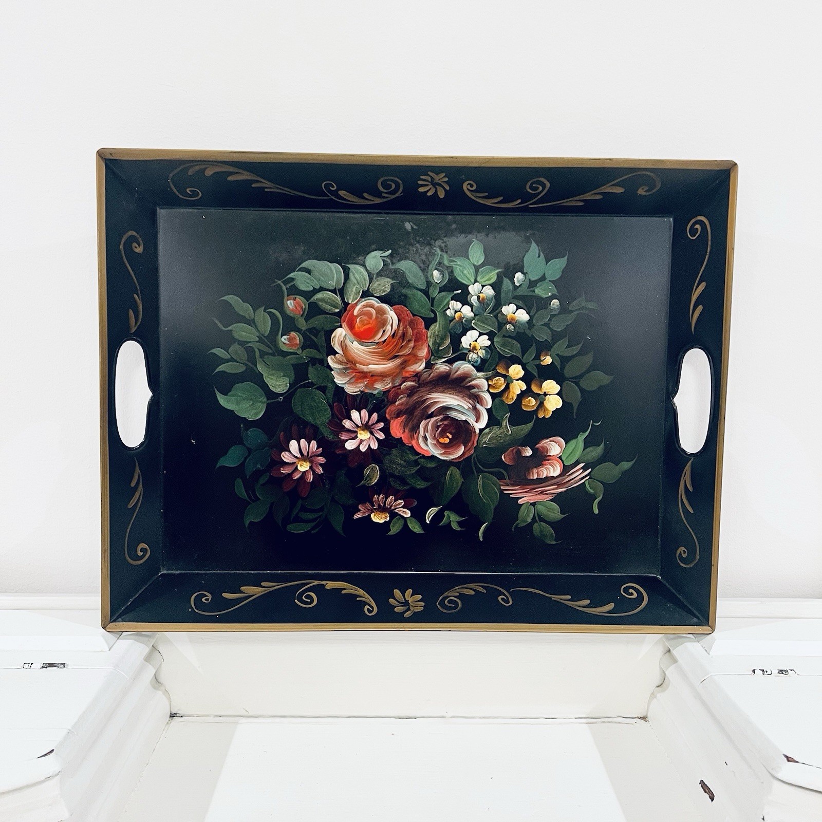 VTG Black Toleware Tray Floral Gold Trim Hand-painted Rose 16x12 Metal VTG Black Toleware Tray Floral Gold Trim Hand-painted Rose 16x12 Metal