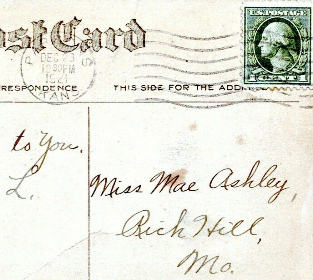 1912 PARSONS KANSAS Postmark to Rich Hill MO Mae Ashley Postcard Cover KK