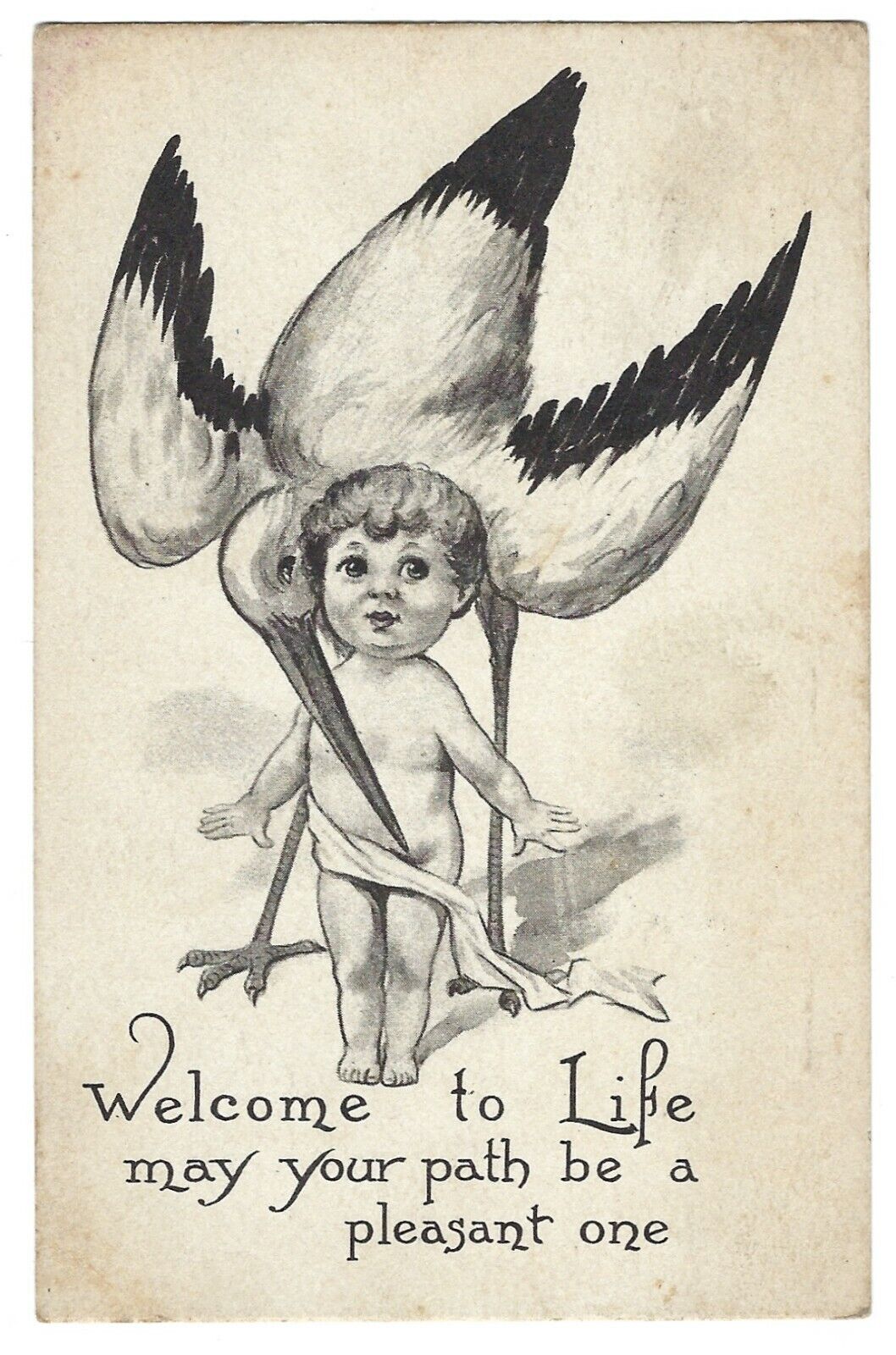 STORK With NEW BABY 1913 Black & White Vtg POSTCARD Birth Congratulations Card 