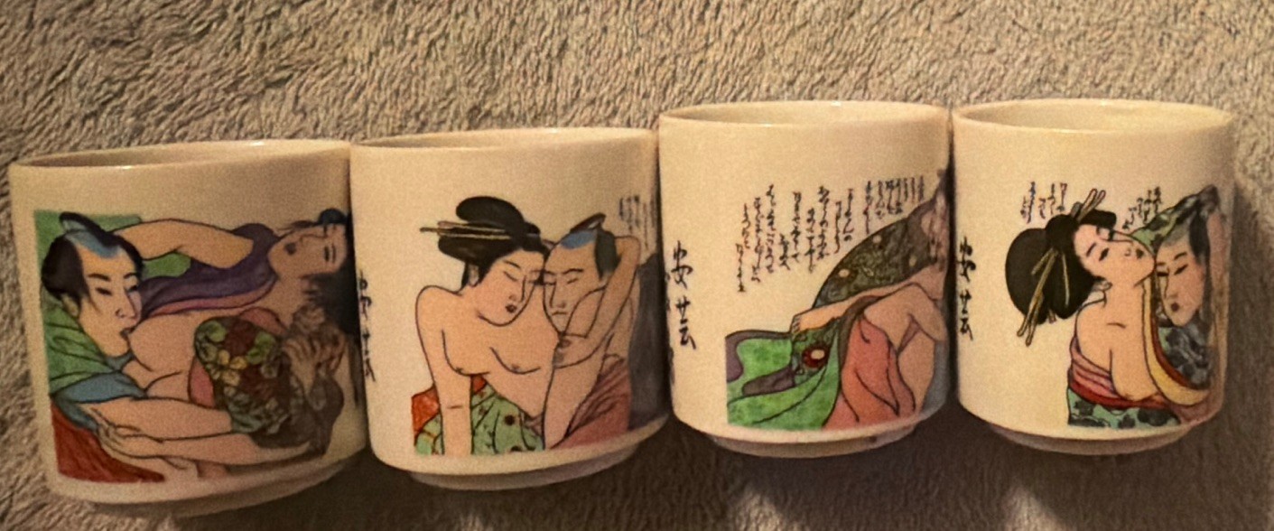 Vintage Japanese Shunga Erotic Art Porcelain Sake Cups Set of 4 Ochoko 2” Vintage Japanese Shunga Erotic Art Porcelain Sake Cups Set of 4 Ochoko 2”
