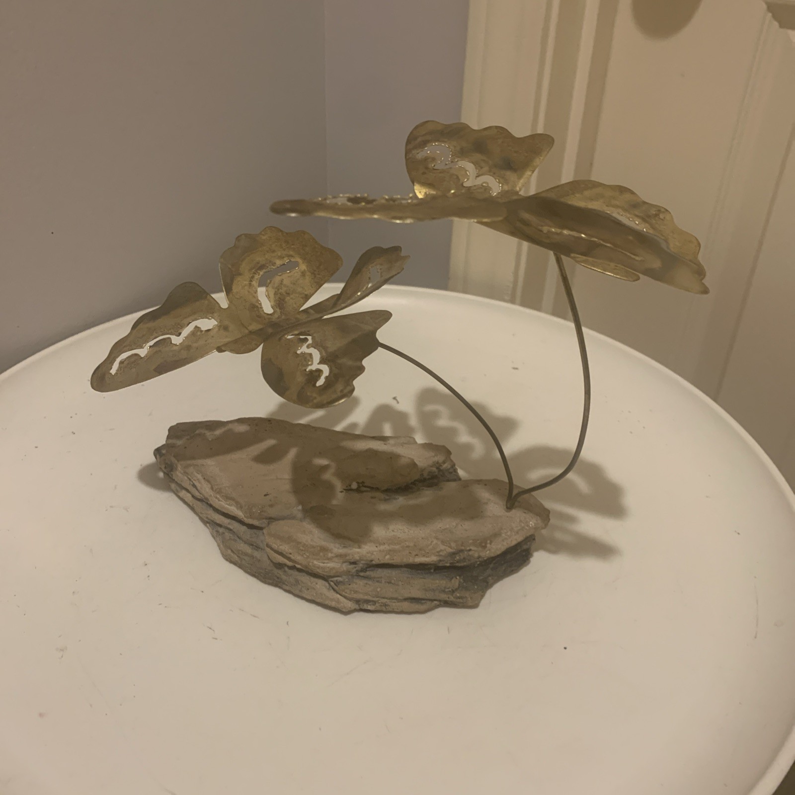 Vtg Mid Century 70s Metal Stone Sculpture Butterflies Vtg Mid Century 70s Metal Stone Sculpture Butterflies