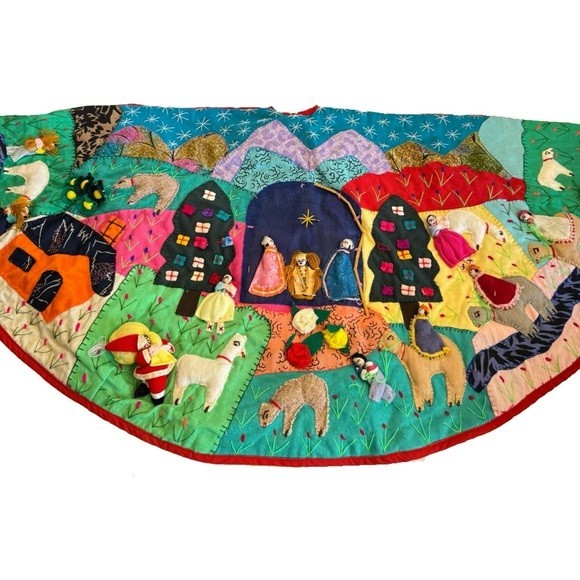 Peru Arpillera Patchwork Christmas Nativity Tree Skirt Peruvian 42\ Peru Arpillera Patchwork Christmas Nativity Tree Skirt Peruvian 42\