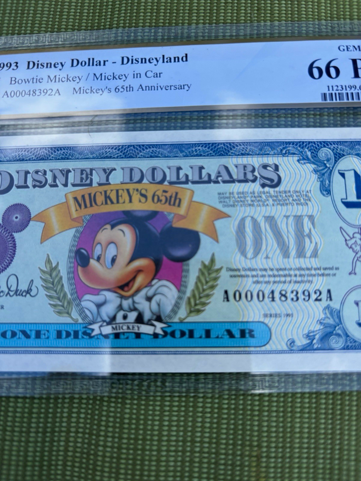 Disney 1993 Disneyland $1 Disney Dollar Mickey Mouse 65th Anniversary Disney 1993 Disneyland $1 Disney Dollar Mickey Mouse 65th Anniversary