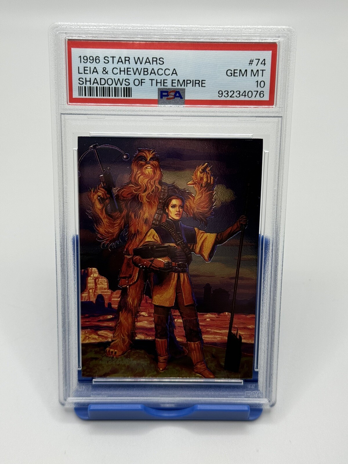 1996 TOPPS STAR WARS SHADOWS OF THE EMPIRE #74 LEIA & CHEWBACCA FOIL PSA 10 1996 TOPPS STAR WARS SHADOWS OF THE EMPIRE #74 LEIA & CHEWBACCA FOIL PSA 10