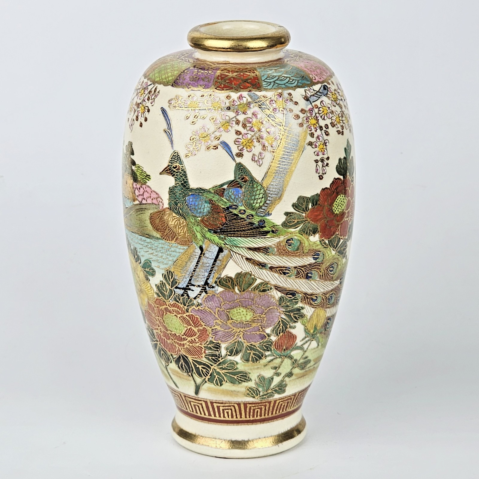 Japanese Satsuma Hand Painted Gold Gilt Peacock Vase Shimazu Crest Red Gold Mark