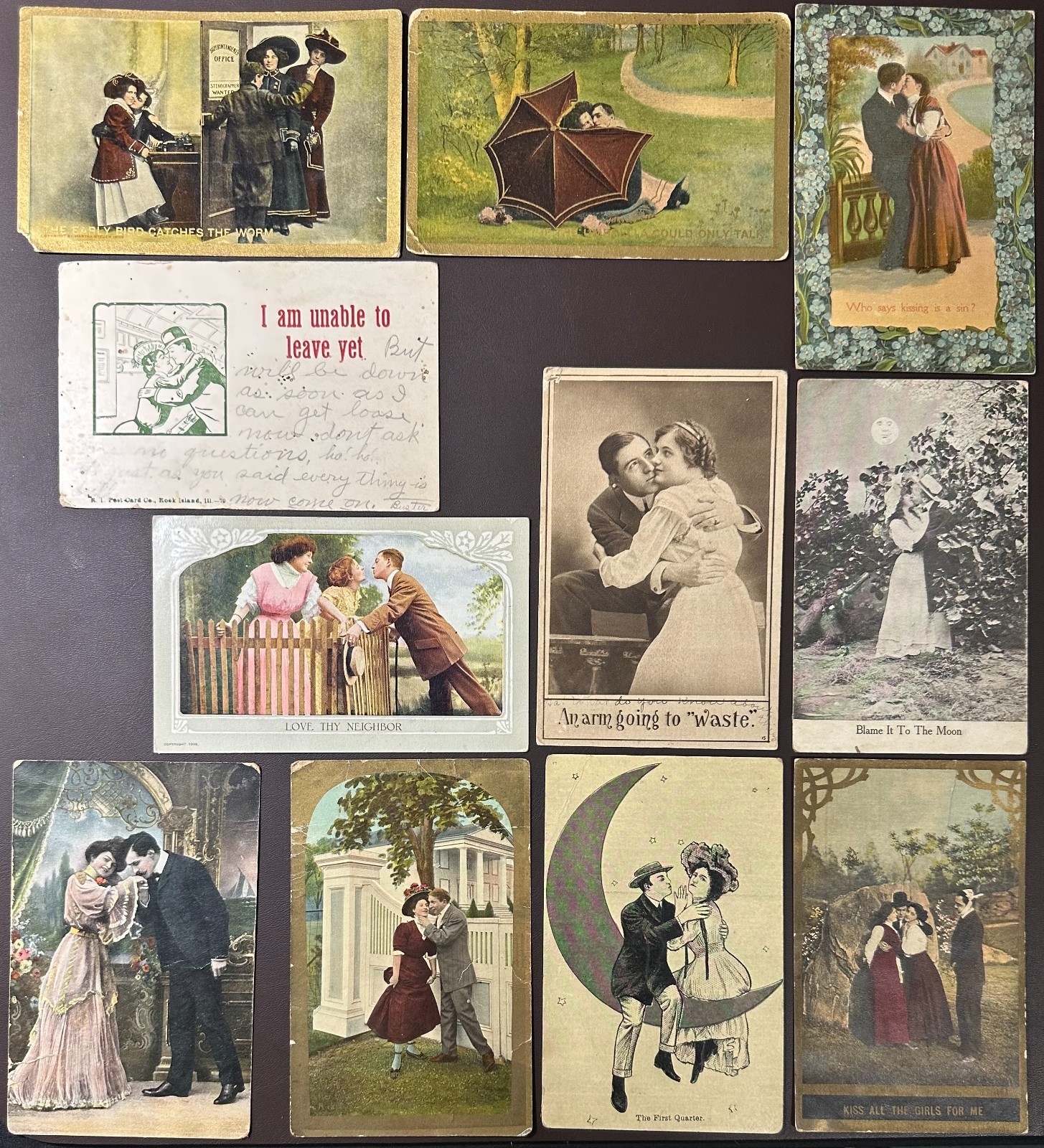 Lot of 11 Antique Romantic Kissing Couple Postcards — 1908–1911 — Edwardian Era Lot of 11 Antique Romantic Kissing Couple Postcards — 1908–1911 — Edwardian Era