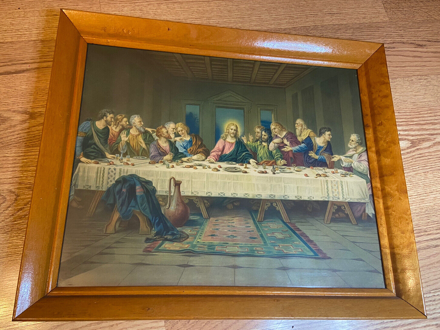Vintage JESUS THE LAST SUPPER Lithograph Print with Wood Frame 23”x 19.5”