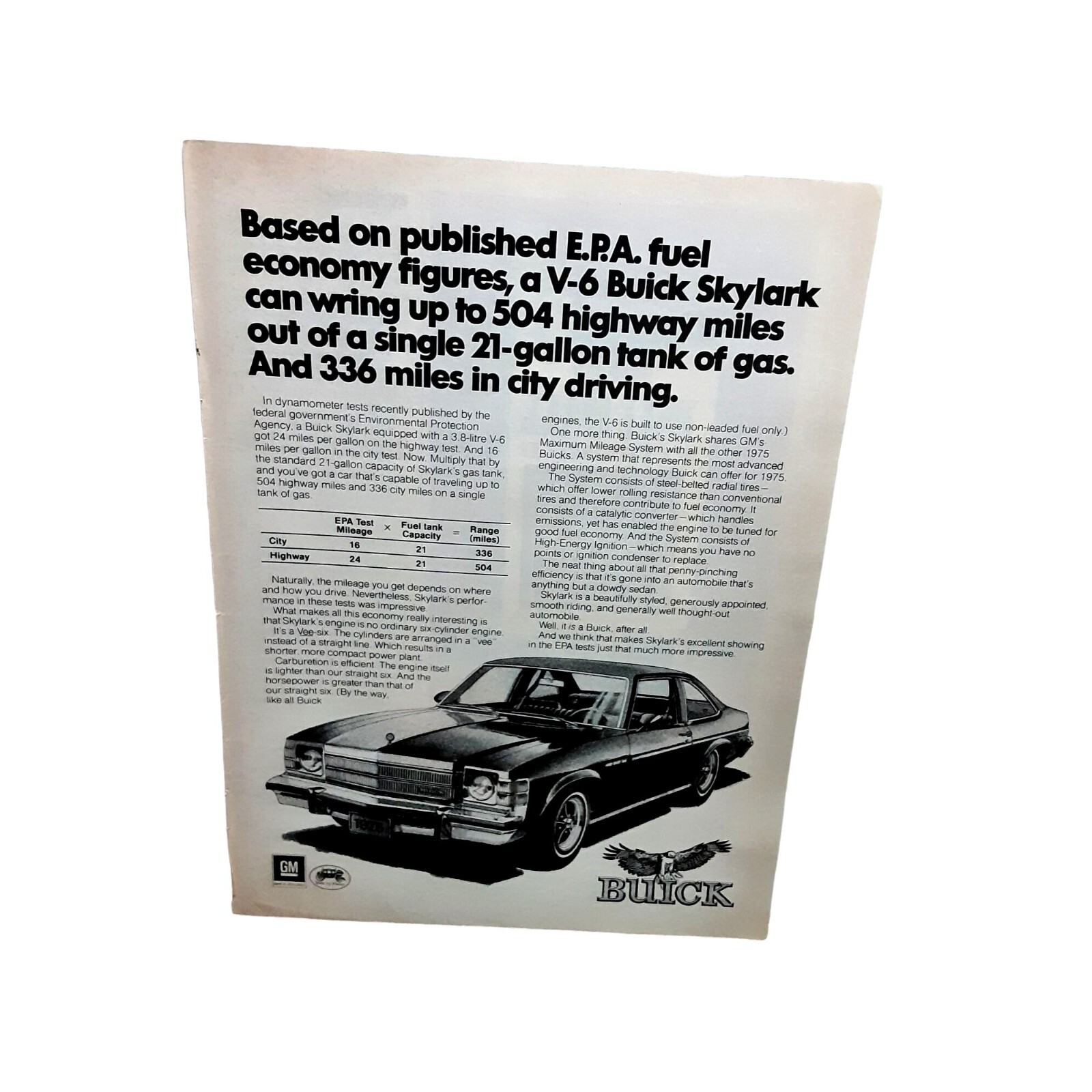 1974 1975 Buick Skylark V-6 Car Original Print ad 70s 1974 1975 Buick Skylark V-6 Car Original Print ad 70s
