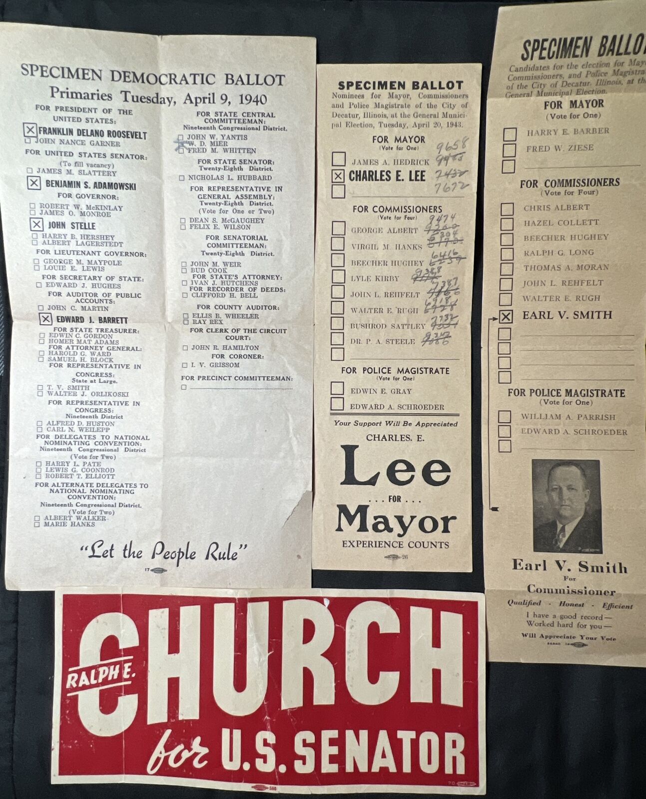 1940s 3 SPECIMEN BALLOTS Sticker Ralph E Church  ROOSEVELT Decatur Illinois VTG