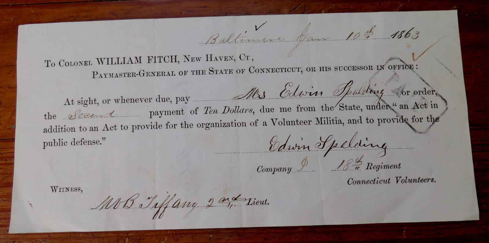 CIVIL WAR PAYMENT VOUCHER - EDWIN SPALDING 18th CT Reg. 1863 CIVIL WAR PAYMENT VOUCHER - EDWIN SPALDING 18th CT Reg. 1863
