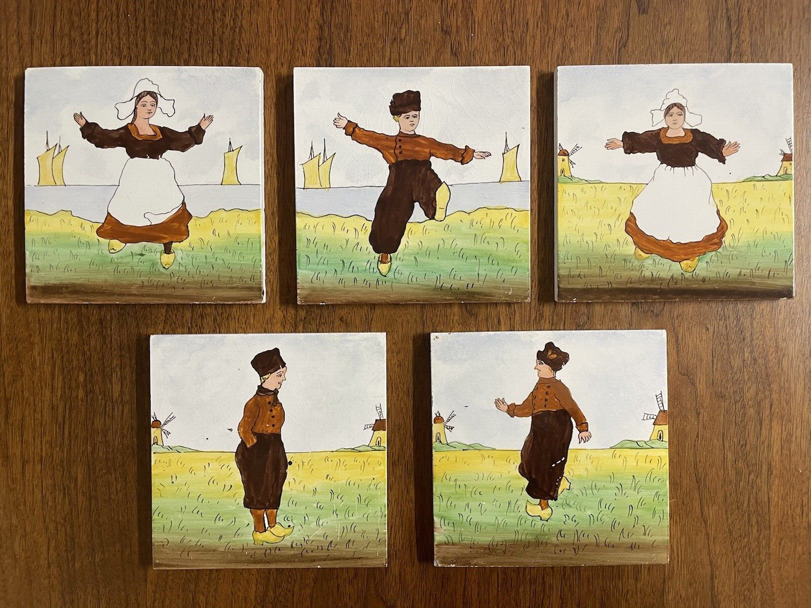 Antique Set of (5) MONTEREAU French Hand Painted Tiles with Figures Creil