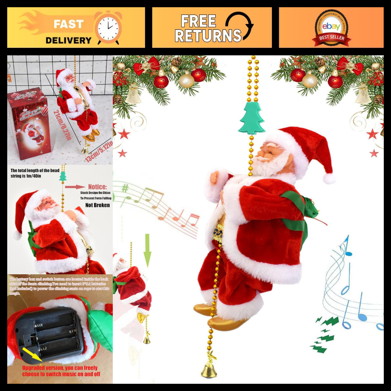Musical Climbing Santa - Battery Operated, Climbs Up & Down, Holiday Decor