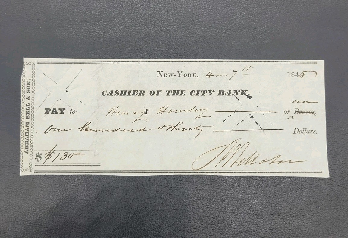 1845 New York Cashier Of The City Bank Check Abraham Bell & Son Cancelled