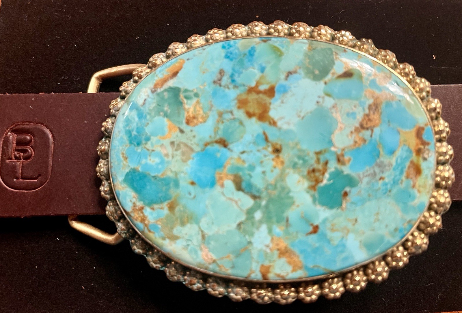 Southwest Grande Kingman Turquoise/ Brass Buckle  w/ English Bridle Belt, 86 g