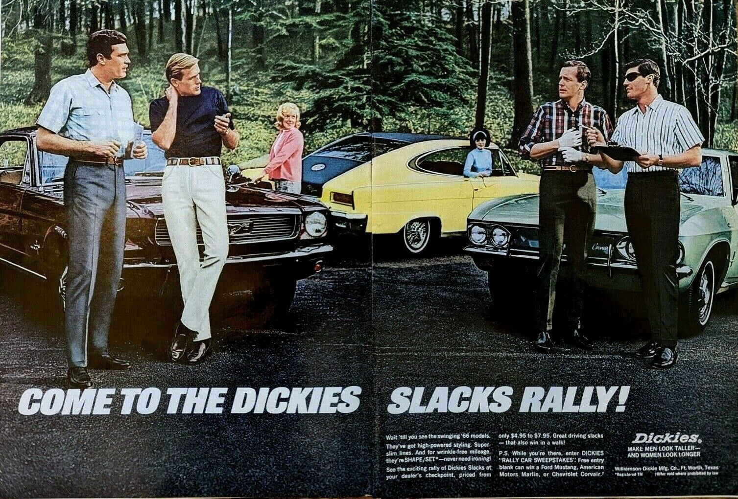 1966 Dickies Slacks AMC Marlin Chevrolet Corvair Ford Mustang VINTAGE PRINT AD