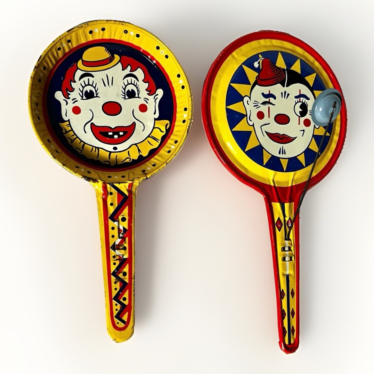 Vintage Kirchhof Tin Litho Clown Noisemakers Pair Carnival Noise Makers USA