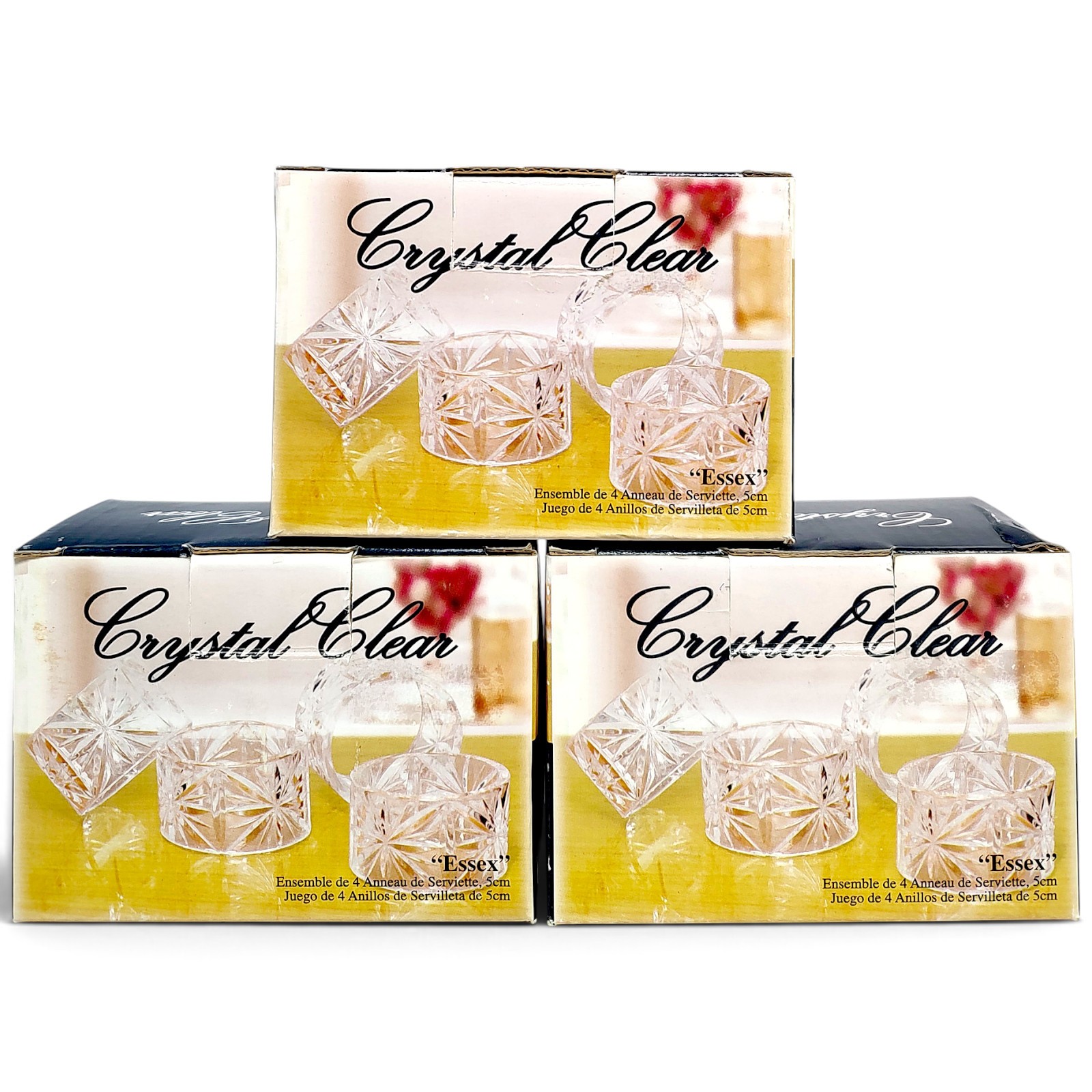 3 Boxes 12 Total VTG Essex 24% Lead Crystal Cut Napkin Rings Excellent Condition