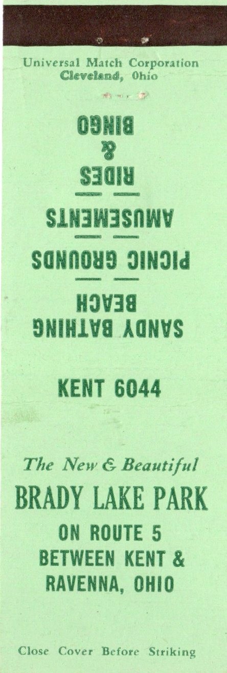 Vintage Matchcover Brady Lake Park Ravenna Ohio Vintage Matchcover Brady Lake Park Ravenna Ohio