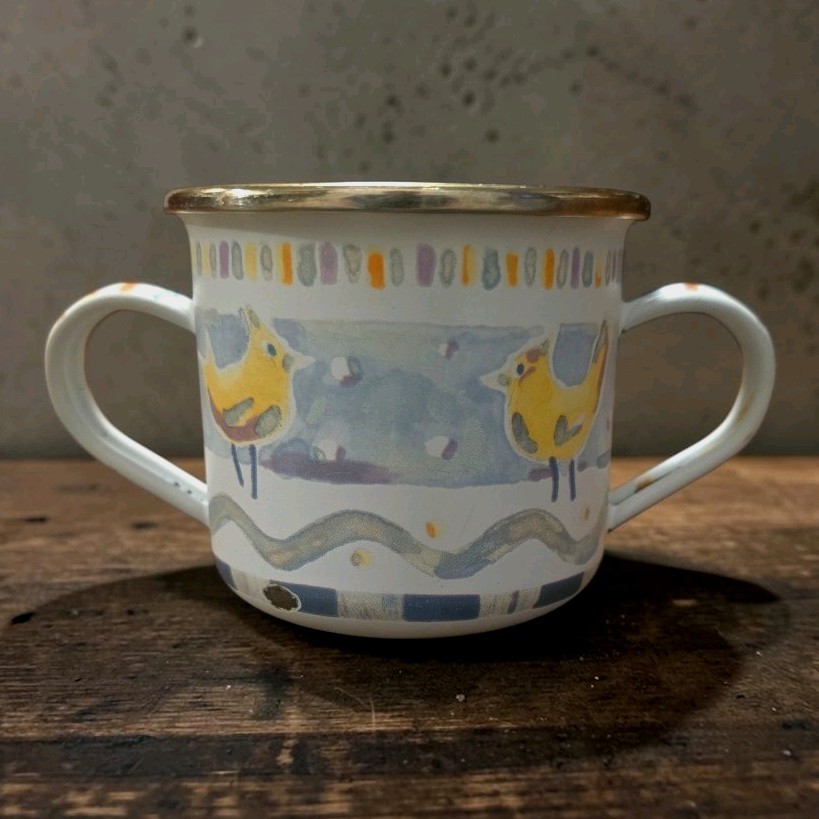 Retired Vintage Children\'s Enamelware Mug MacKenzie-Childs Double Handle Cup Retired Vintage Children\'s Enamelware Mug MacKenzie-Childs Double Handle Cup