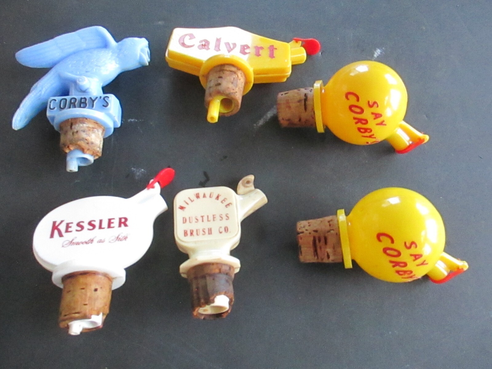 SIX Vintage Corby\'s Calvert Kessler Whiskey Bottle Topper Pourer Spout B66 SIX Vintage Corby\'s Calvert Kessler Whiskey Bottle Topper Pourer Spout B66