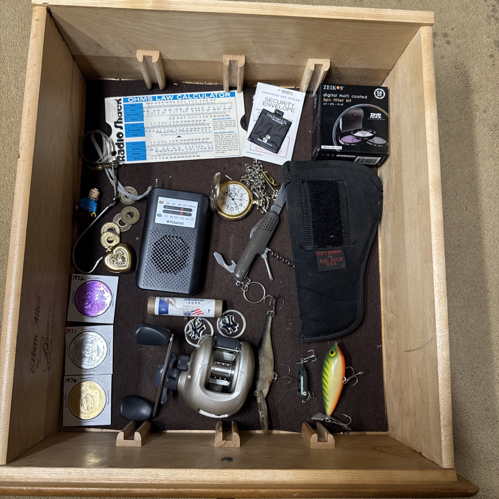 Vintage Junk Drawer Coins Watches jewelry Fishing Reel Fishing Lure Knife tokens Vintage Junk Drawer Coins Watches jewelry Fishing Reel Fishing Lure Knife tokens