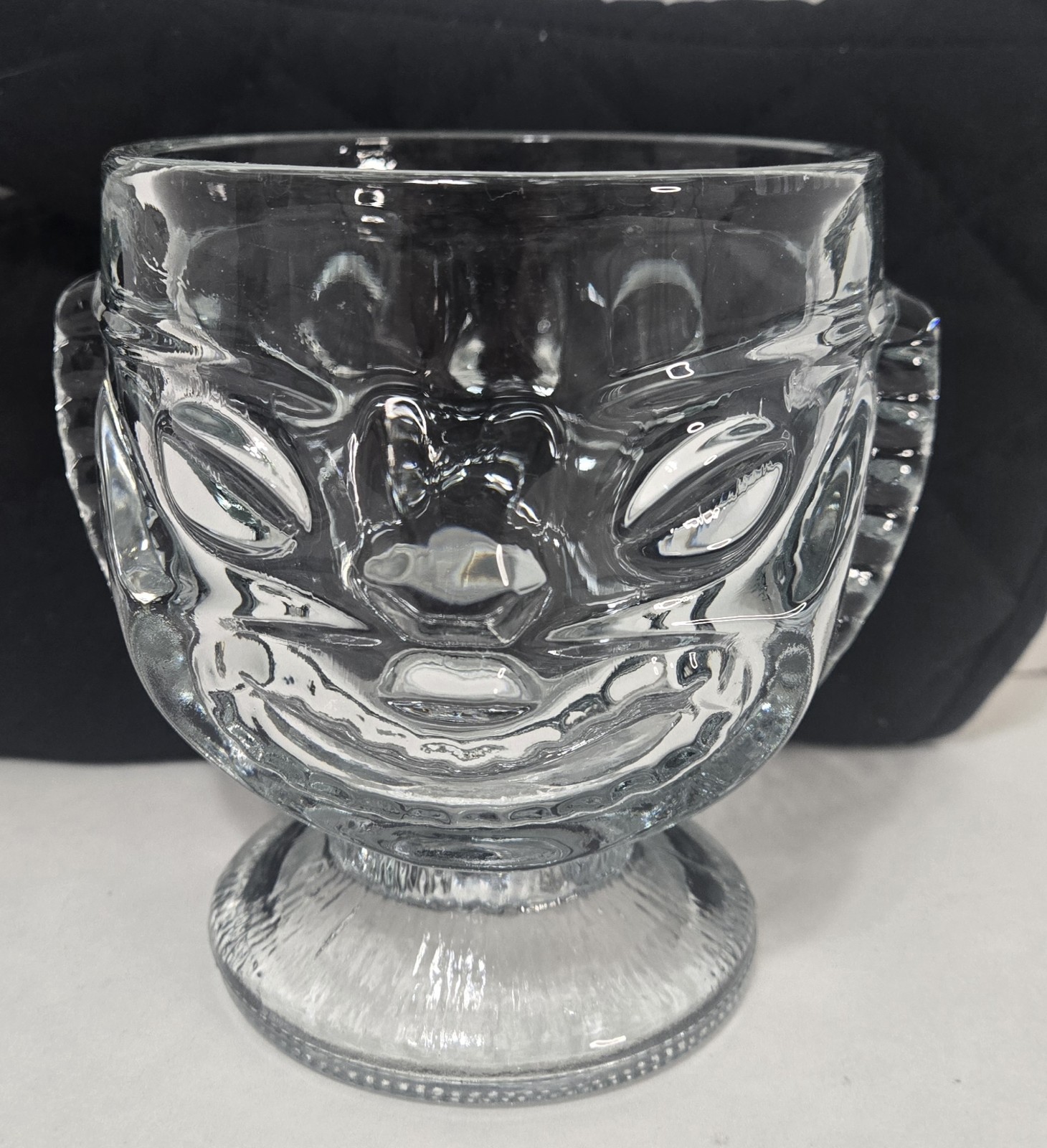 Vintage Clear Glass Tiki Mug Aztec Totem Face Footed Barware Tribal Boho 4.5 Vintage Clear Glass Tiki Mug Aztec Totem Face Footed Barware Tribal Boho 4.5