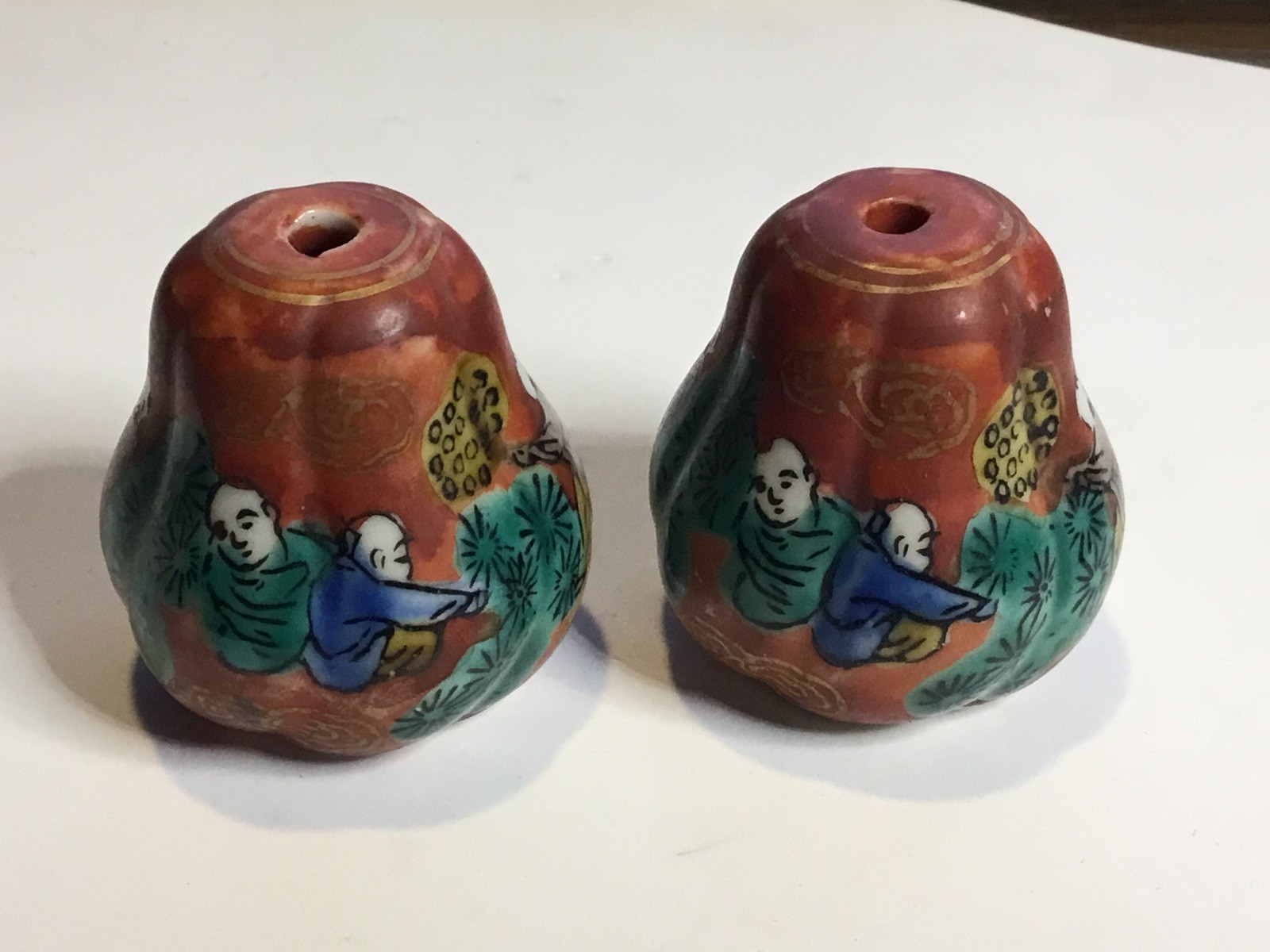 Vintage Japanese Scroll Weights Kutani Ware TWO Porcelain Hand-painted Signed