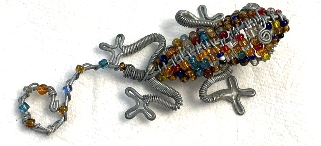 Beaded Metal Wire Gecko Lizard Figurine Sculpture Colorful Folk Art 5\ Beaded Metal Wire Gecko Lizard Figurine Sculpture Colorful Folk Art 5\
