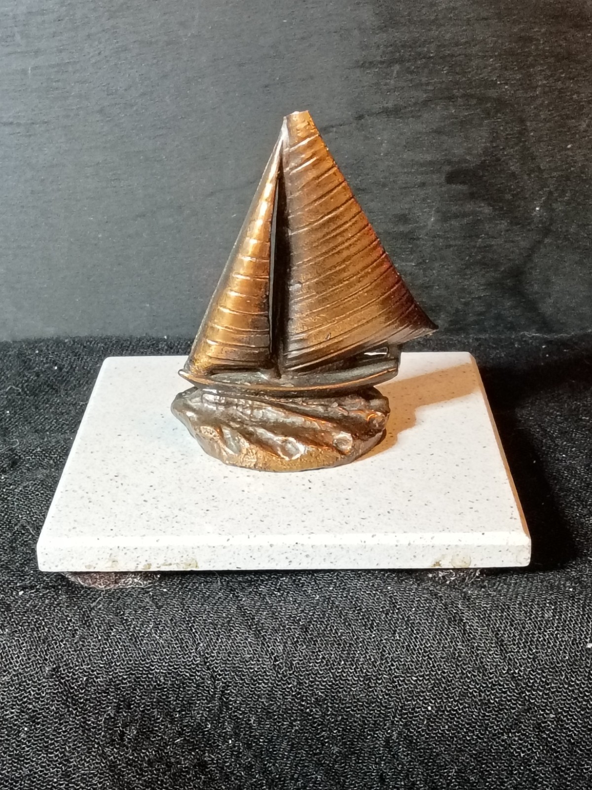 Vintage Miniature Bronze Sailboat Figurine Nautical Desktop Paperweight 2inX3in